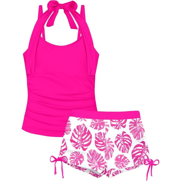 Girls Swimsuit 2 Piece Halterneck Girls Tankini Swimsuit Drawstring Printed Swi - Picture 1 of 5